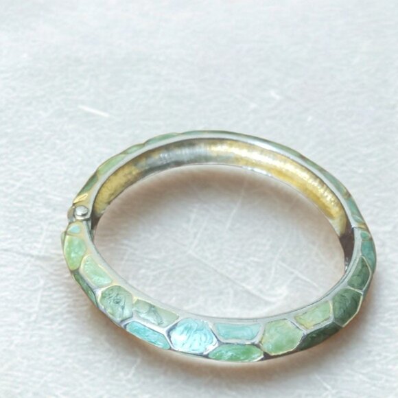 Vintage Enamel Green and Gold Bangle Bracelet - Picture 1 of 10